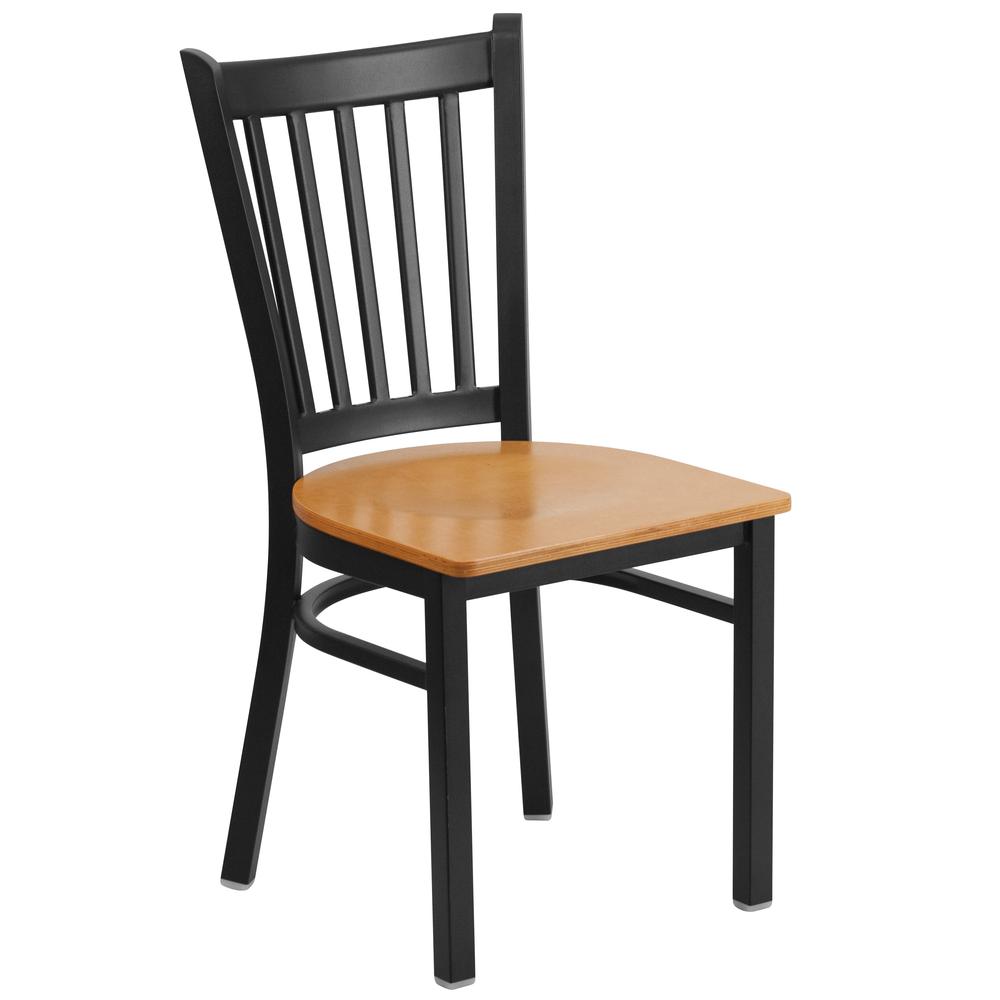 Black Vertical Back Metal Restaurant Chair - Natural Wood Seat. Picture 1