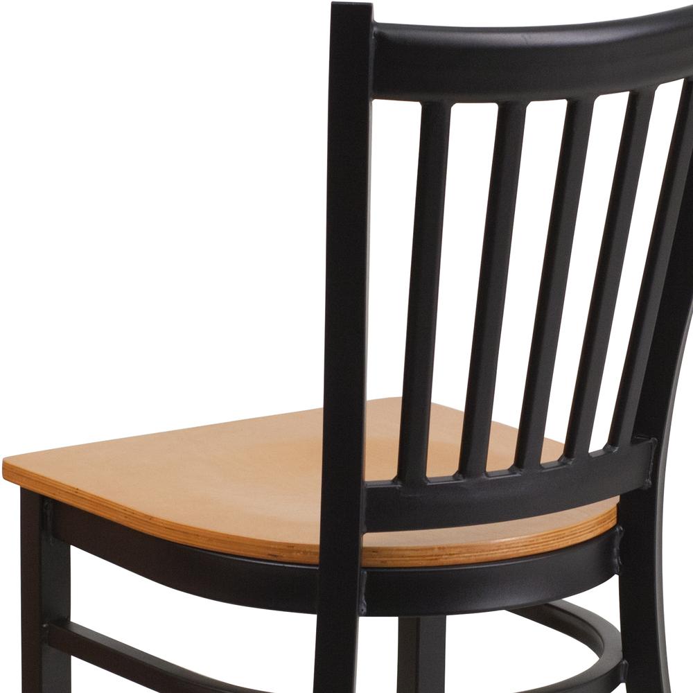 Black Vertical Back Metal Restaurant Chair - Natural Wood Seat. Picture 6