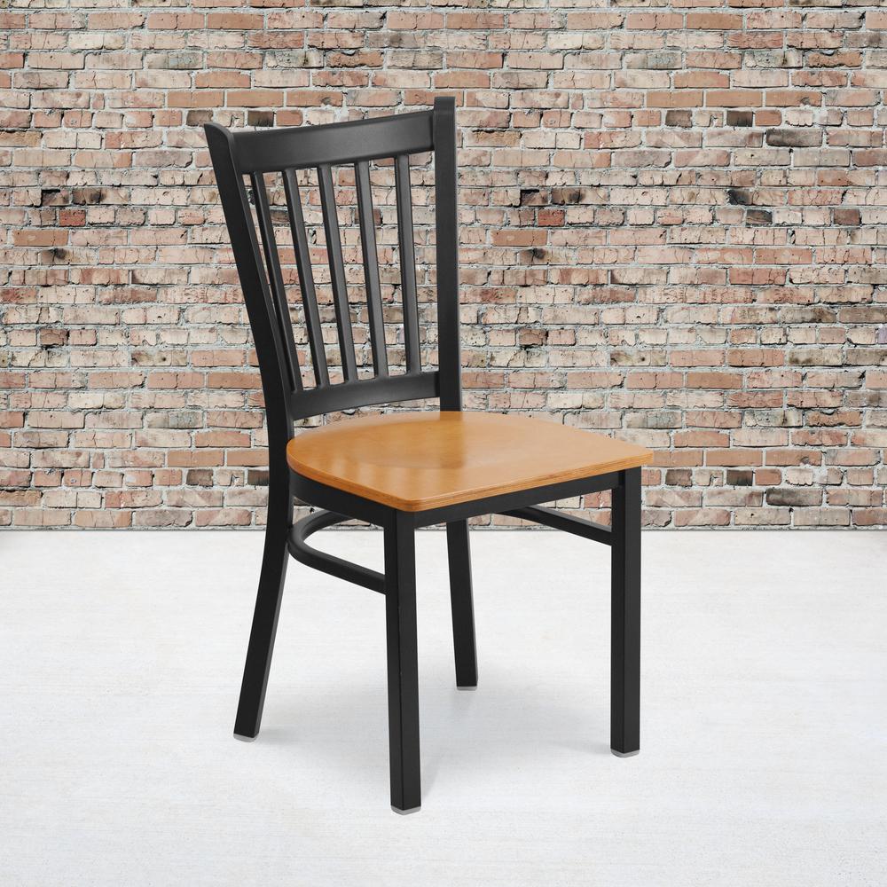 Black Vertical Back Metal Restaurant Chair - Natural Wood Seat. Picture 7
