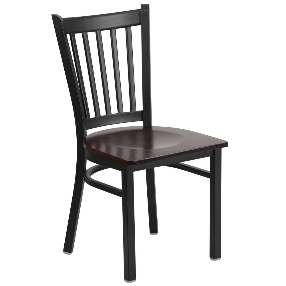 Black Vertical Back Metal Restaurant Chair - Walnut Wood Seat. Picture 1