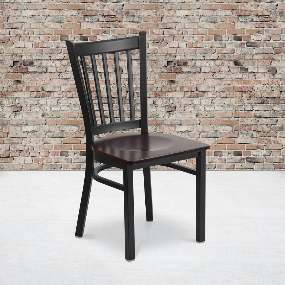 Black Vertical Back Metal Restaurant Chair - Walnut Wood Seat. Picture 5
