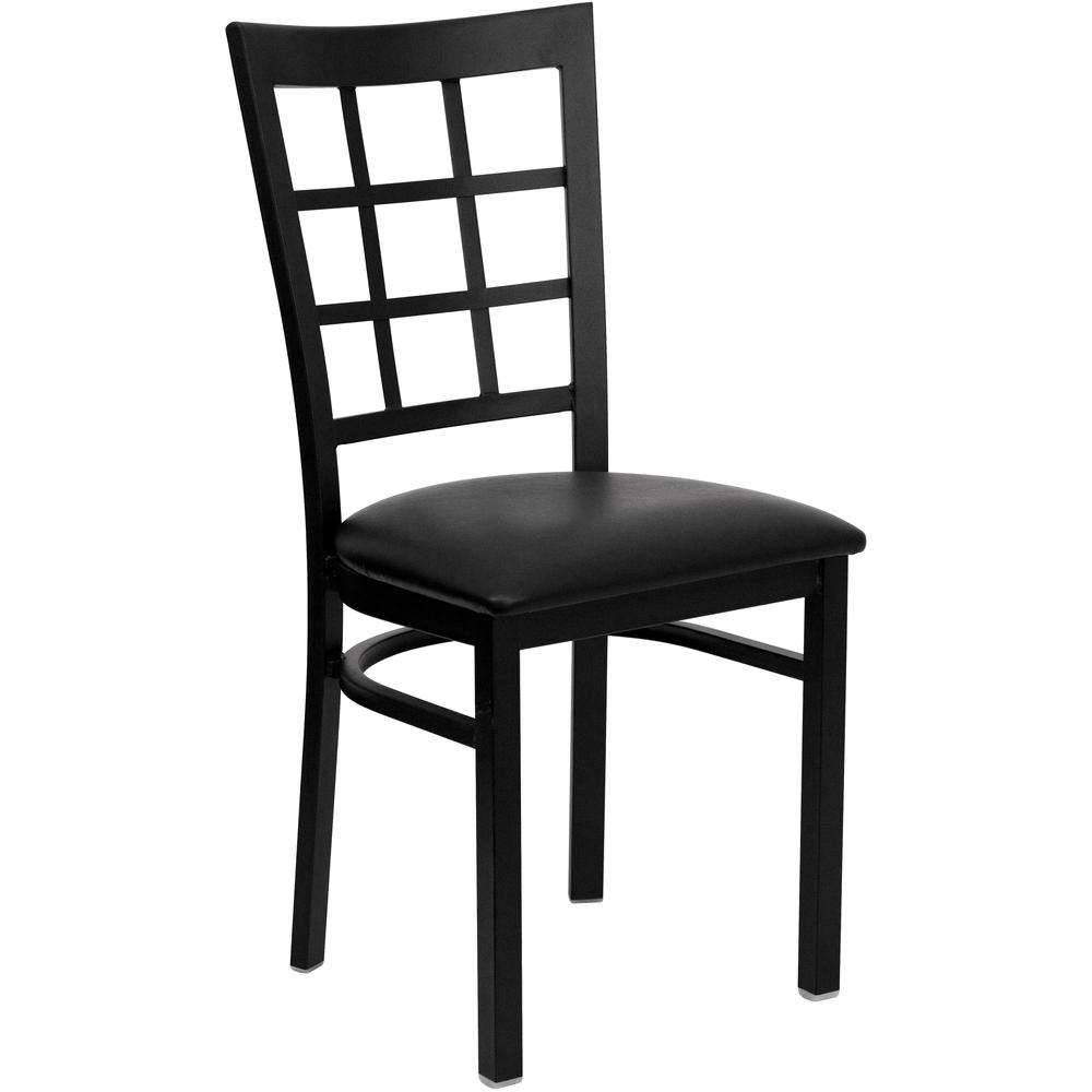 Black Window Back Metal Restaurant Chair - Black Vinyl Seat. Picture 1