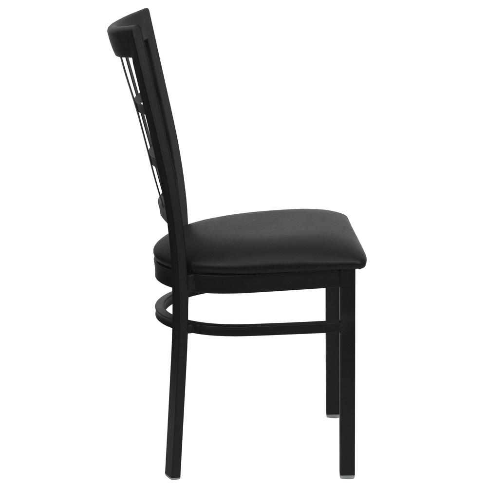 Black Window Back Metal Restaurant Chair - Black Vinyl Seat. Picture 2
