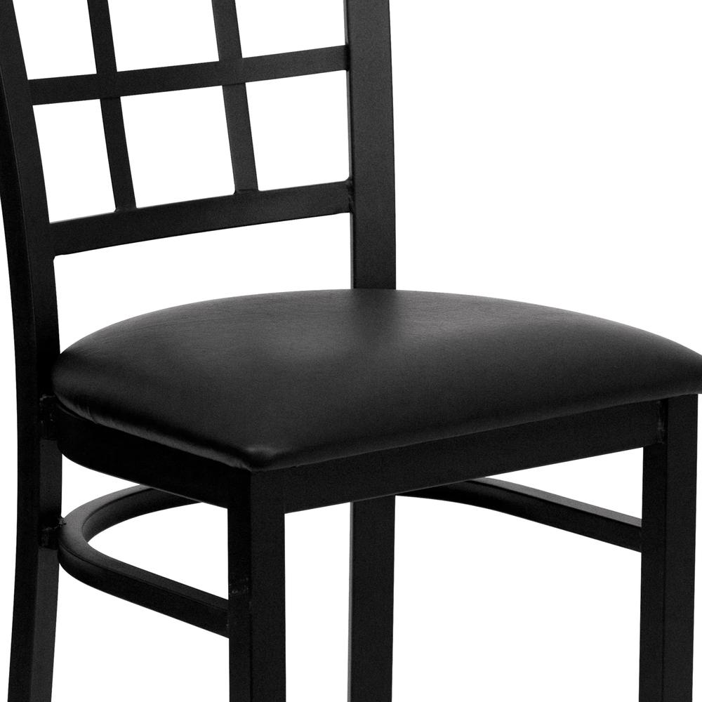 Black Window Back Metal Restaurant Chair - Black Vinyl Seat. Picture 6