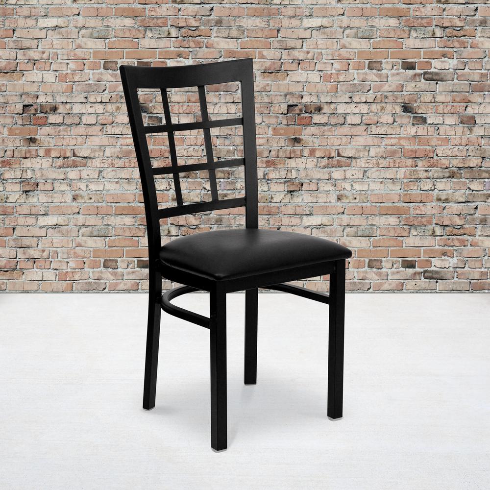 Black Window Back Metal Restaurant Chair - Black Vinyl Seat. Picture 8