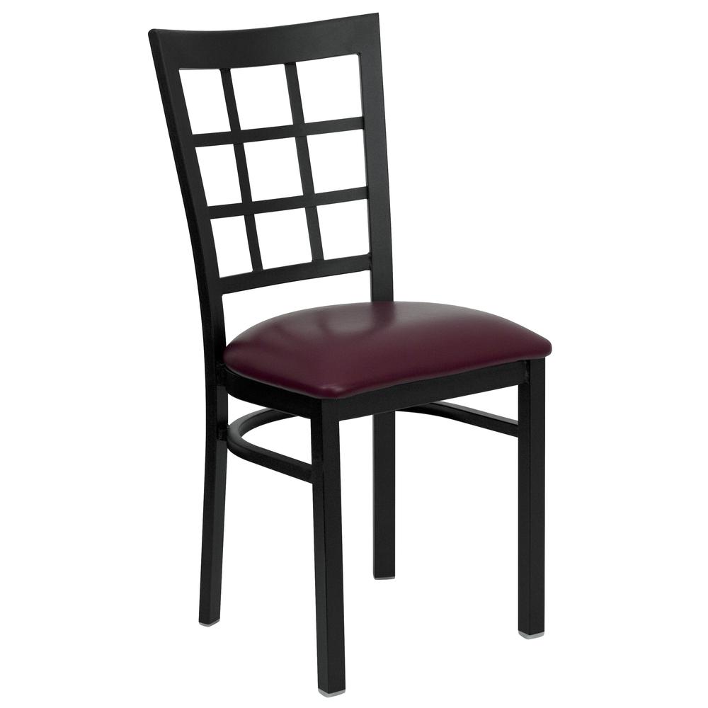 Black Window Back Metal Restaurant Chair - Burgundy Vinyl Seat. Picture 1