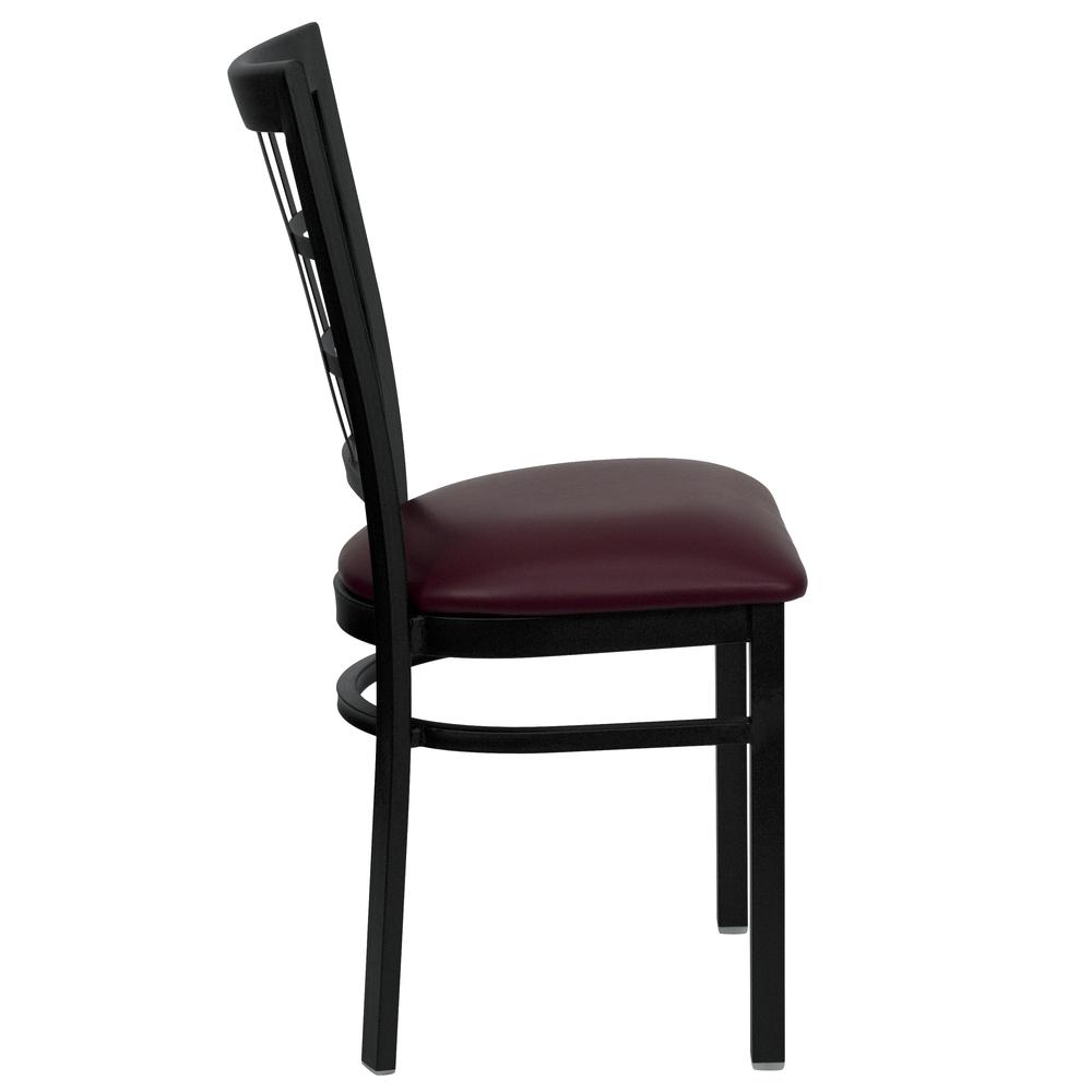 Black Window Back Metal Restaurant Chair - Burgundy Vinyl Seat. Picture 2
