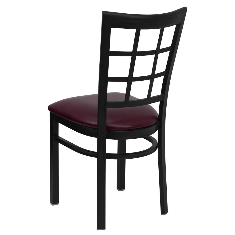 Black Window Back Metal Restaurant Chair - Burgundy Vinyl Seat. Picture 3