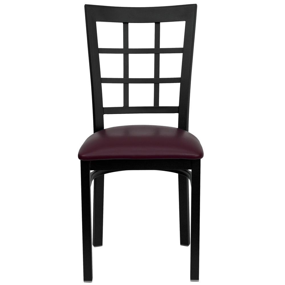 Black Window Back Metal Restaurant Chair - Burgundy Vinyl Seat. Picture 4