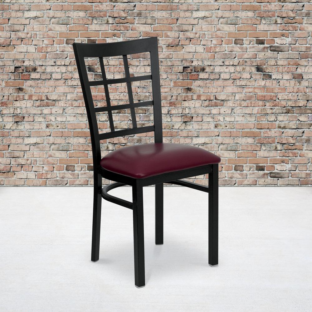 Black Window Back Metal Restaurant Chair - Burgundy Vinyl Seat. Picture 5
