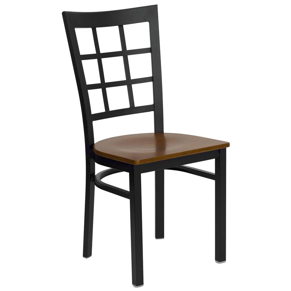 Black Window Back Metal Restaurant Chair - Cherry Wood Seat. Picture 1