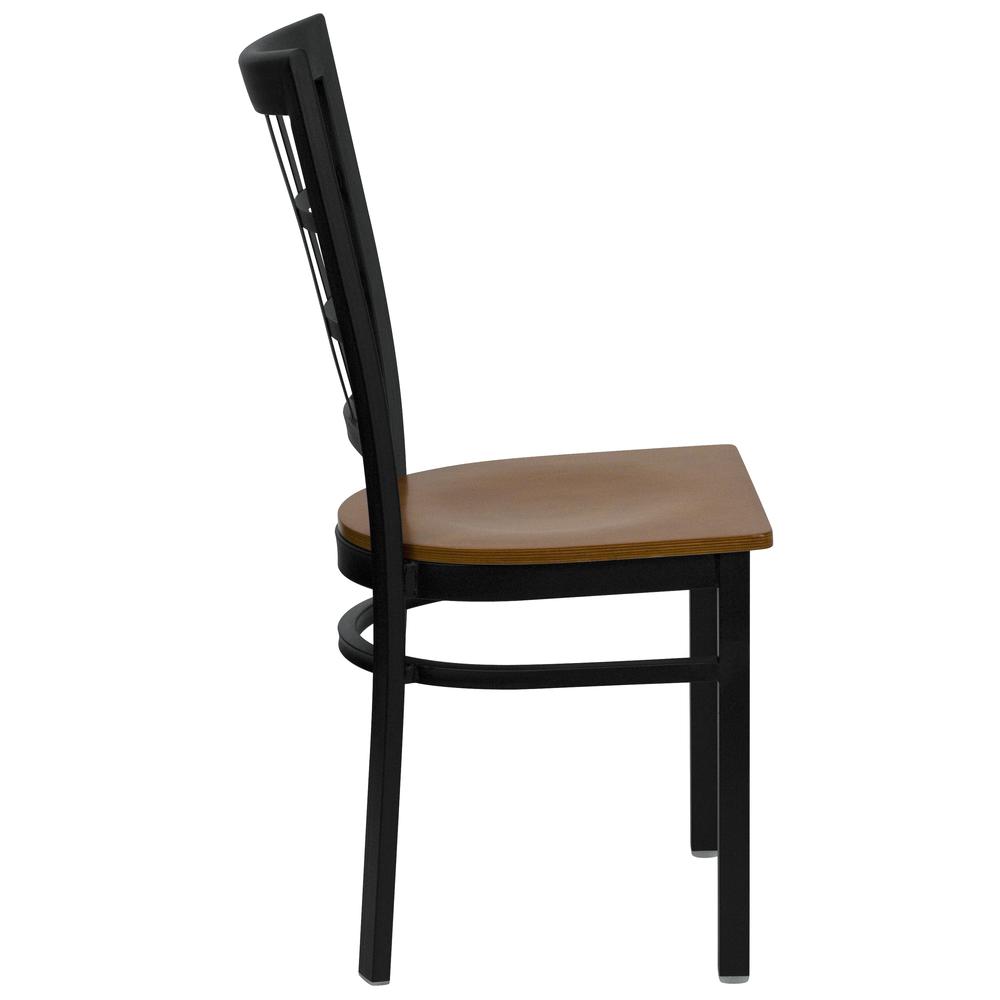 Black Window Back Metal Restaurant Chair - Cherry Wood Seat. Picture 2