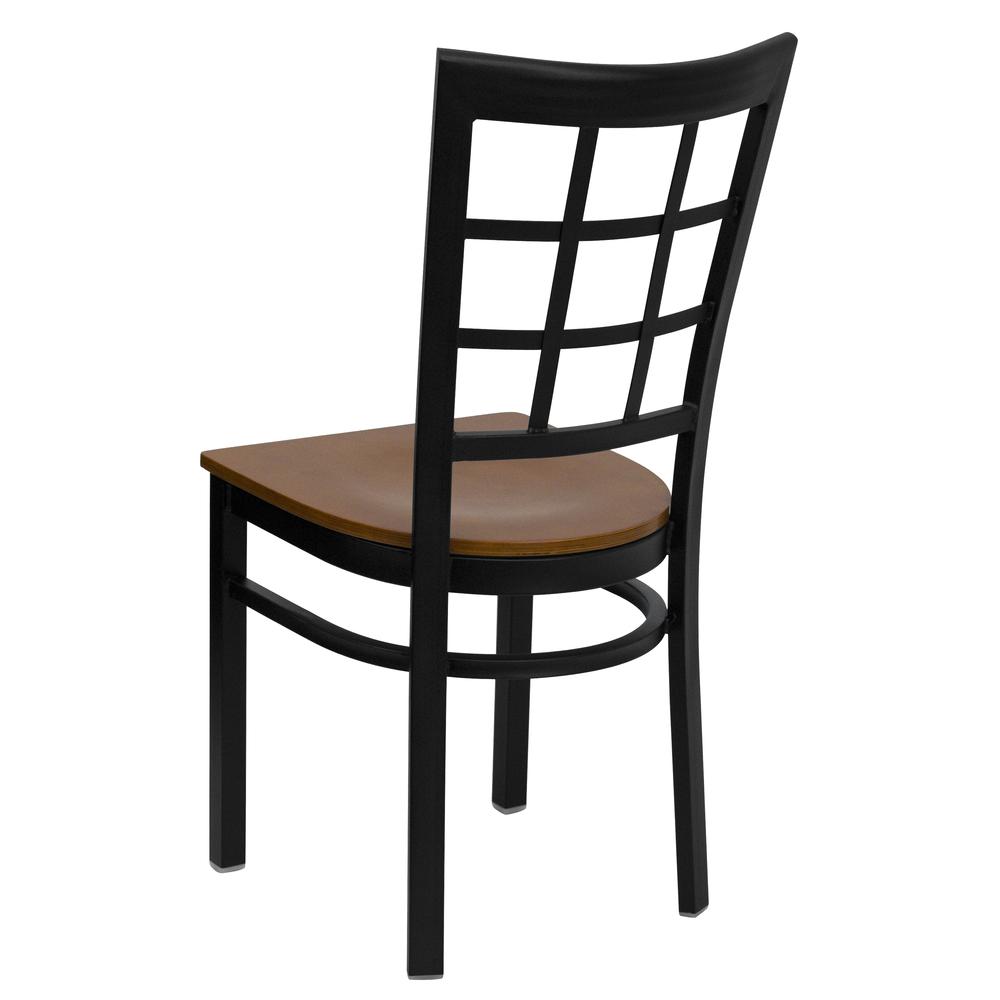 Black Window Back Metal Restaurant Chair - Cherry Wood Seat. Picture 3