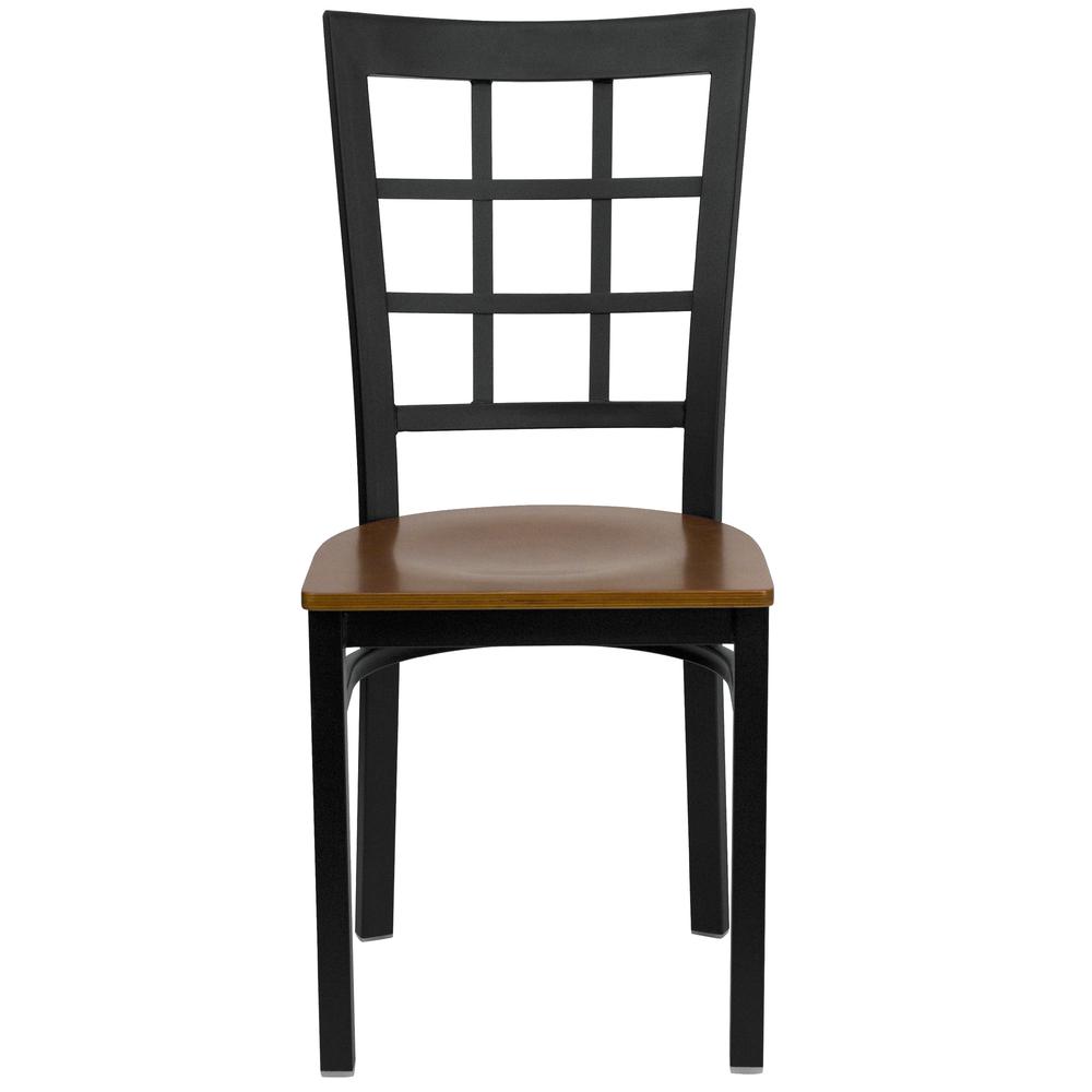 Black Window Back Metal Restaurant Chair - Cherry Wood Seat. Picture 4