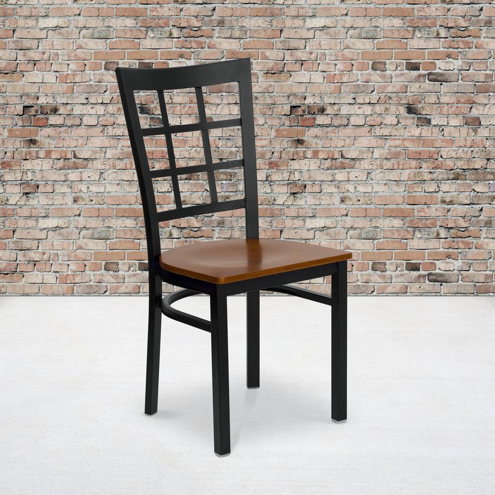 Black Window Back Metal Restaurant Chair - Cherry Wood Seat. Picture 5