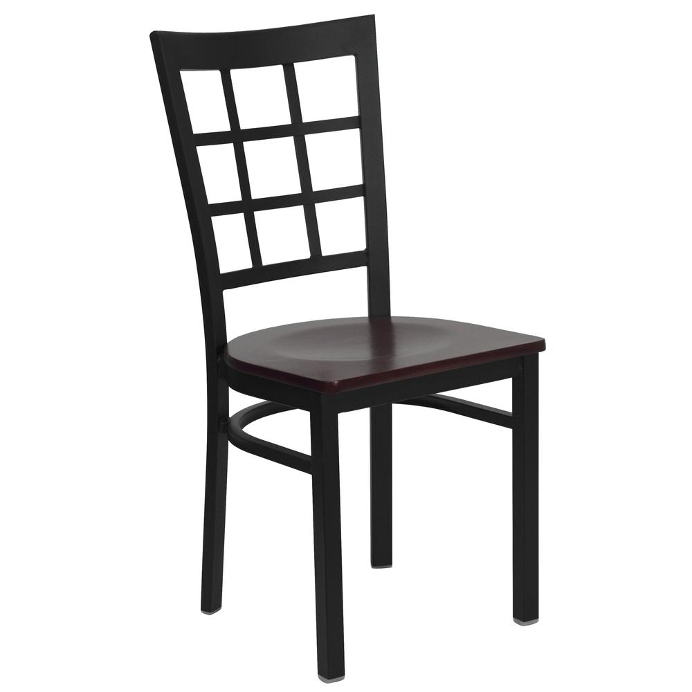 Black Window Back Metal Restaurant Chair - Mahogany Wood Seat. Picture 1