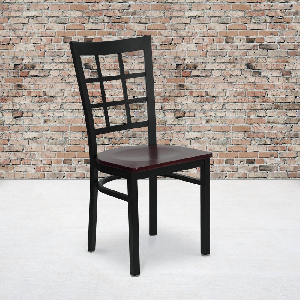 Black Window Back Metal Restaurant Chair - Mahogany Wood Seat. Picture 5