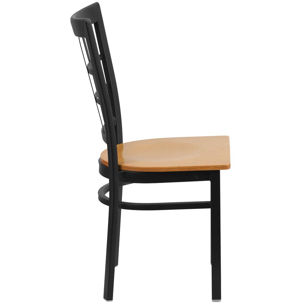 Black Window Back Metal Restaurant Chair - Natural Wood Seat. Picture 2