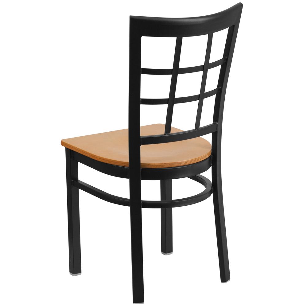Black Window Back Metal Restaurant Chair - Natural Wood Seat. Picture 3