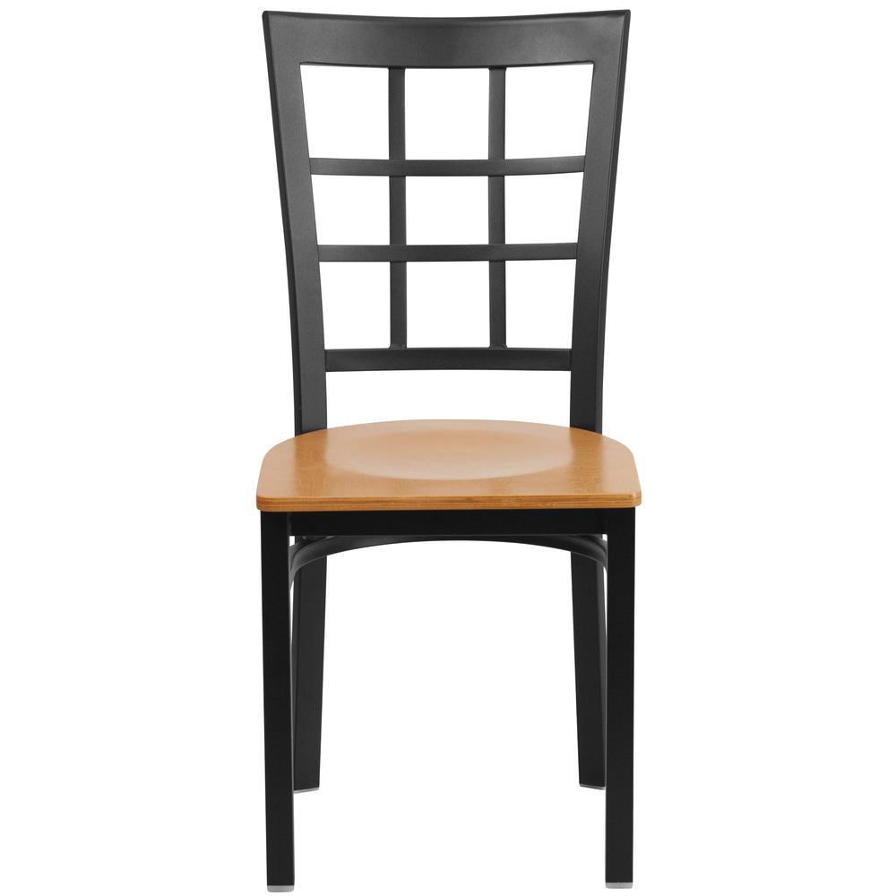Black Window Back Metal Restaurant Chair - Natural Wood Seat. Picture 4