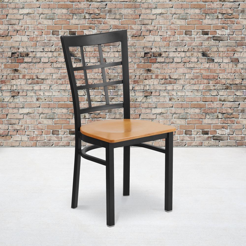 Black Window Back Metal Restaurant Chair - Natural Wood Seat. Picture 5