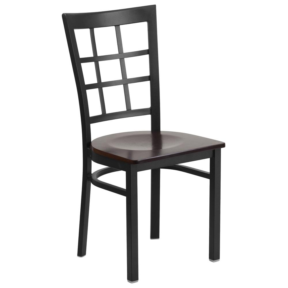 HERCULES Series Black Window Back Metal Restaurant Chair - Walnut Wood Seat. Picture 1
