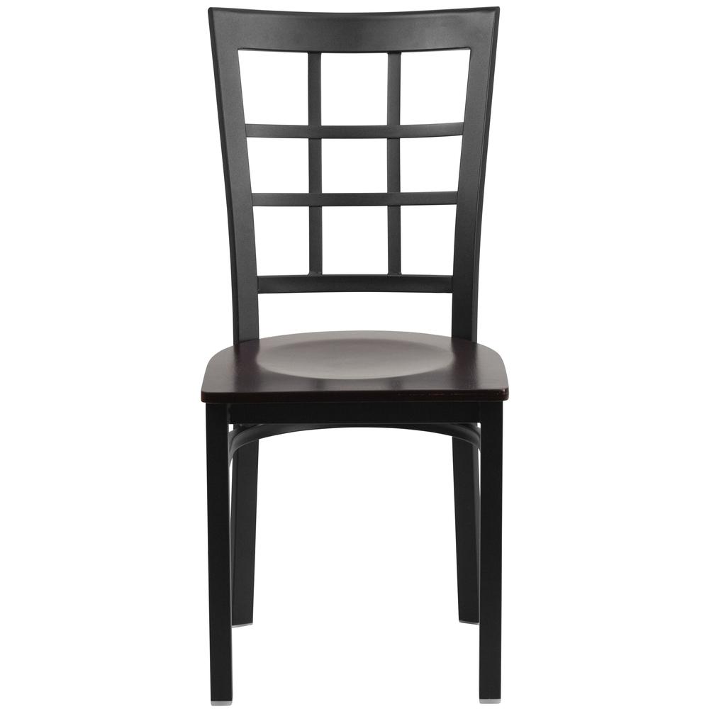 HERCULES Series Black Window Back Metal Restaurant Chair - Walnut Wood Seat. Picture 4