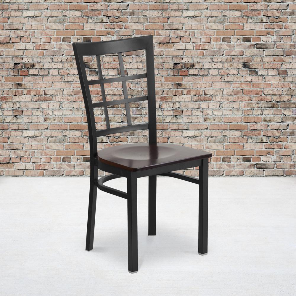 Black Window Back Metal Restaurant Chair - Walnut Wood Seat. Picture 5