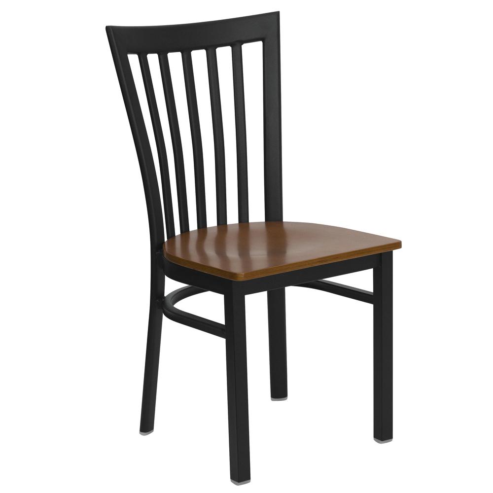 Black School House Back Metal Restaurant Chair - Cherry Wood Seat. Picture 1