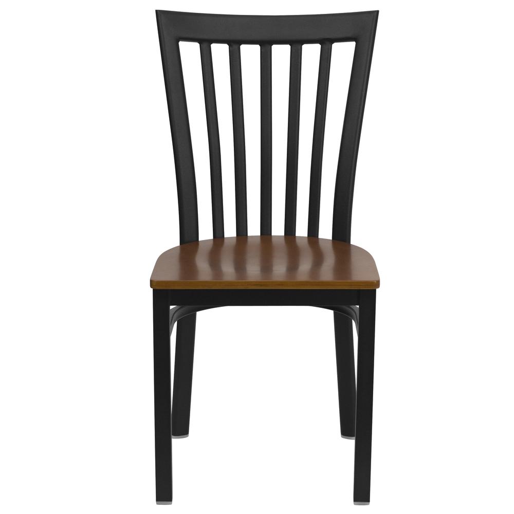 Black School House Back Metal Restaurant Chair - Cherry Wood Seat. Picture 4