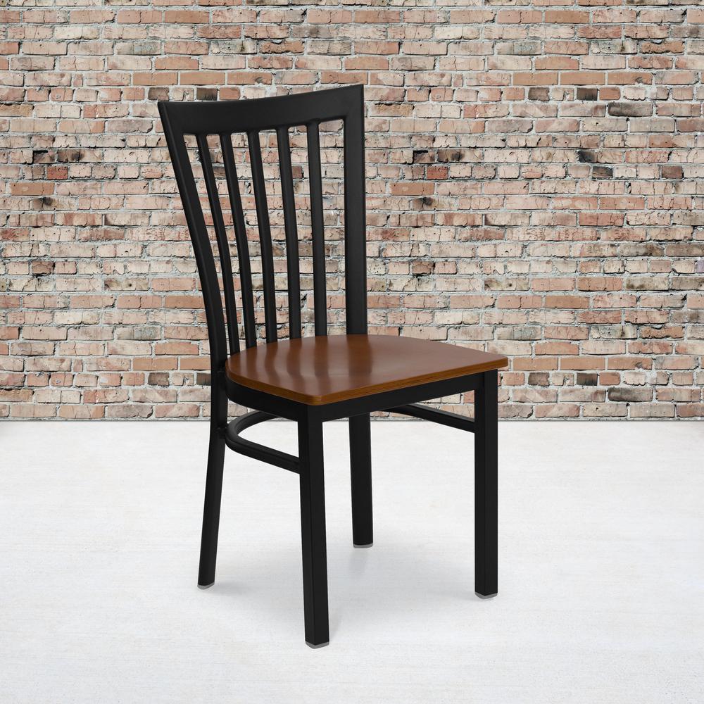 Black School House Back Metal Restaurant Chair - Cherry Wood Seat. Picture 5