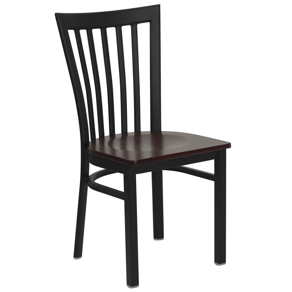 Black School House Back Metal Restaurant Chair - Mahogany Wood Seat. Picture 1