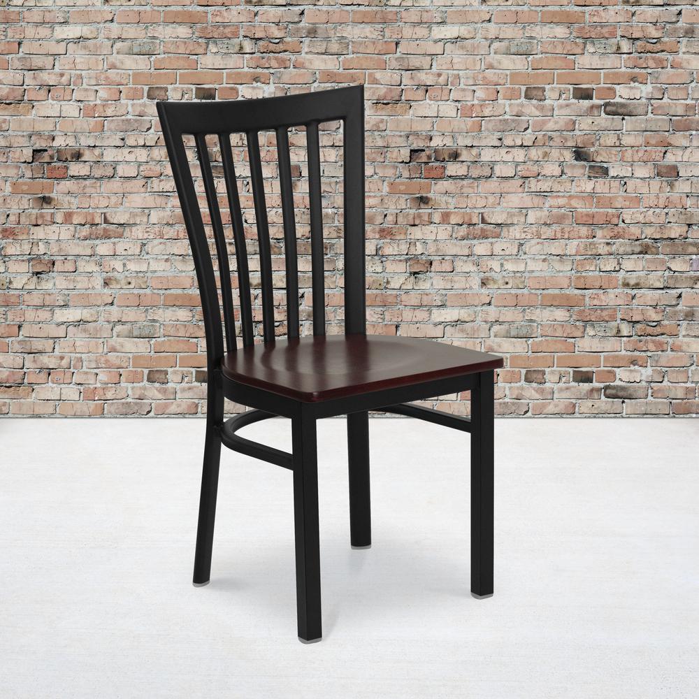 Black School House Back Metal Restaurant Chair - Mahogany Wood Seat. Picture 5