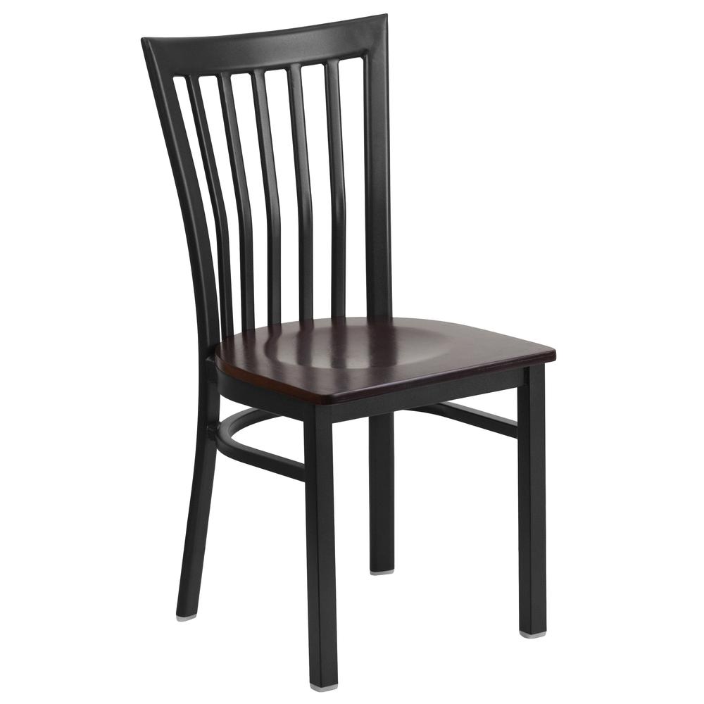 Black School House Back Metal Restaurant Chair - Walnut Wood Seat. Picture 1