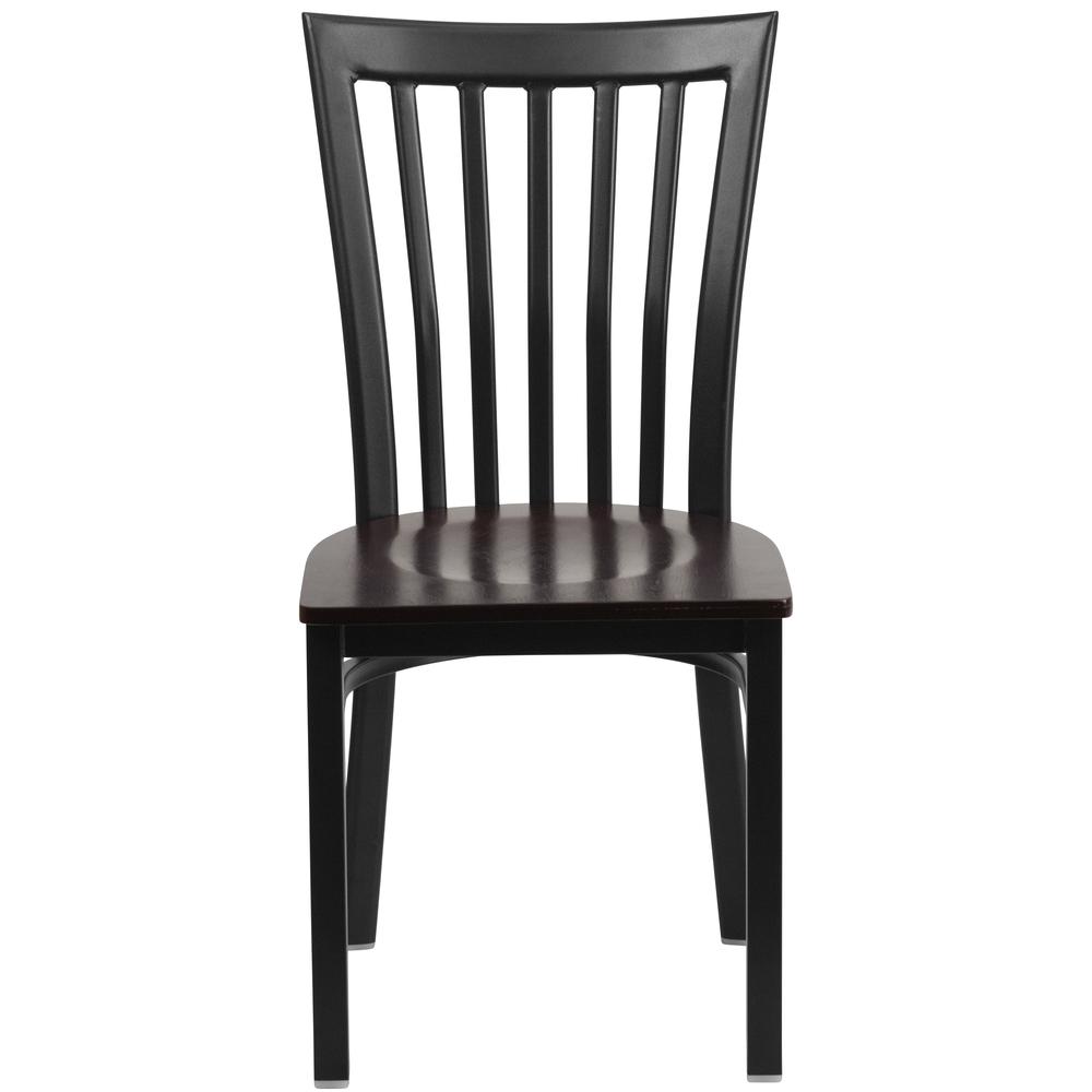 Black School House Back Metal Restaurant Chair - Walnut Wood Seat. Picture 4