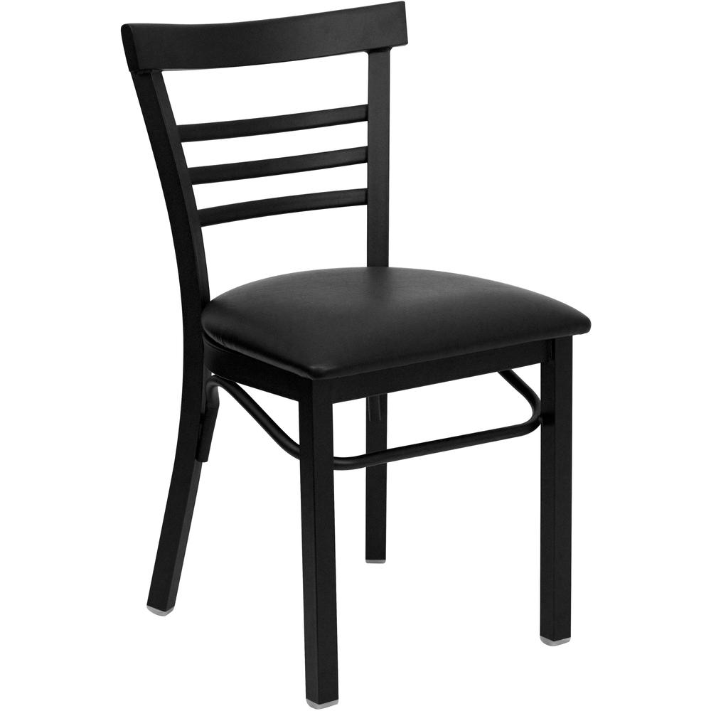 Black Three-Slat Ladder Back Metal Restaurant Chair - Black Vinyl Seat. Picture 1