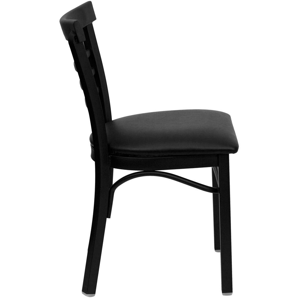 Black Three-Slat Ladder Back Metal Restaurant Chair - Black Vinyl Seat. Picture 2