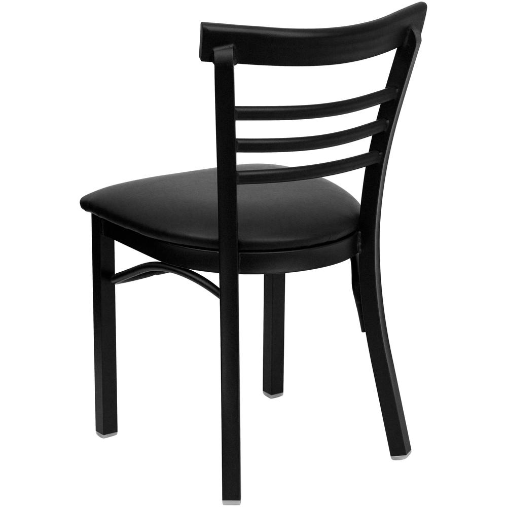 Black Three-Slat Ladder Back Metal Restaurant Chair - Black Vinyl Seat. Picture 3