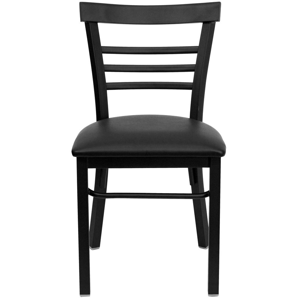 Black Three-Slat Ladder Back Metal Restaurant Chair - Black Vinyl Seat. Picture 4