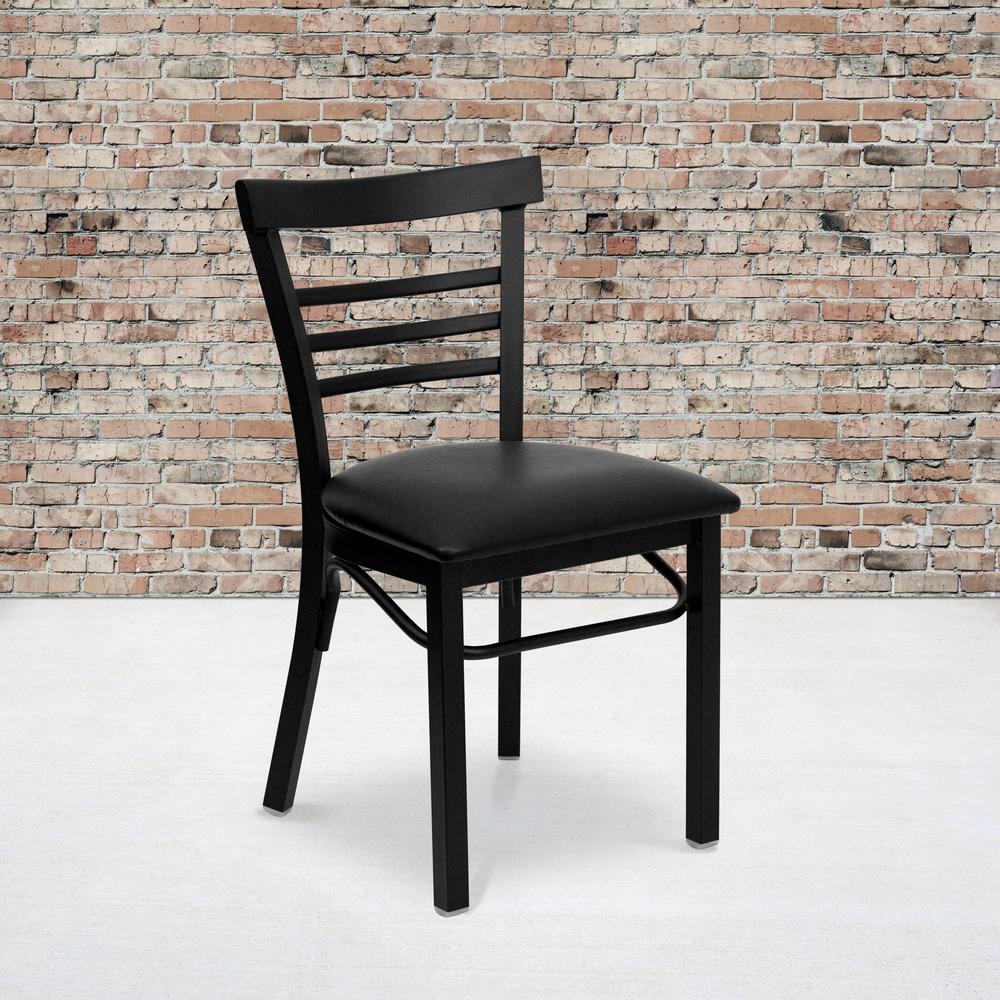Black Three-Slat Ladder Back Metal Restaurant Chair - Black Vinyl Seat. Picture 5