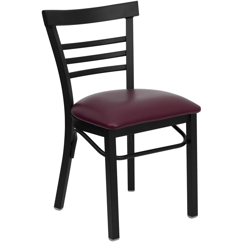 Black Three-Slat Ladder Back Metal Restaurant Chair - Burgundy Vinyl Seat. Picture 1