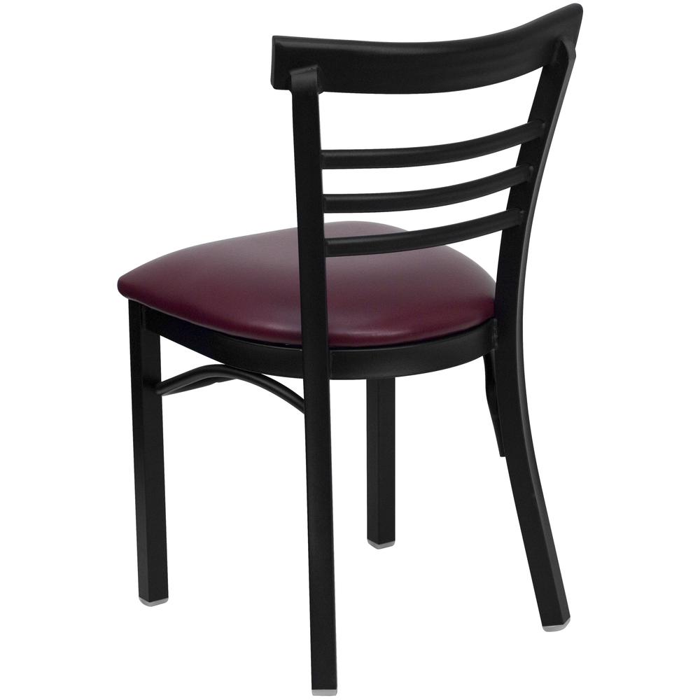 Black Three-Slat Ladder Back Metal Restaurant Chair - Burgundy Vinyl Seat. Picture 3