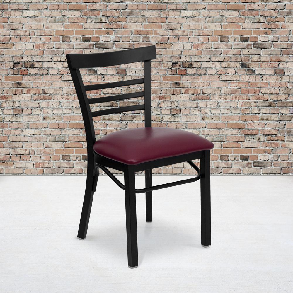 Black Three-Slat Ladder Back Metal Restaurant Chair - Burgundy Vinyl Seat. Picture 5