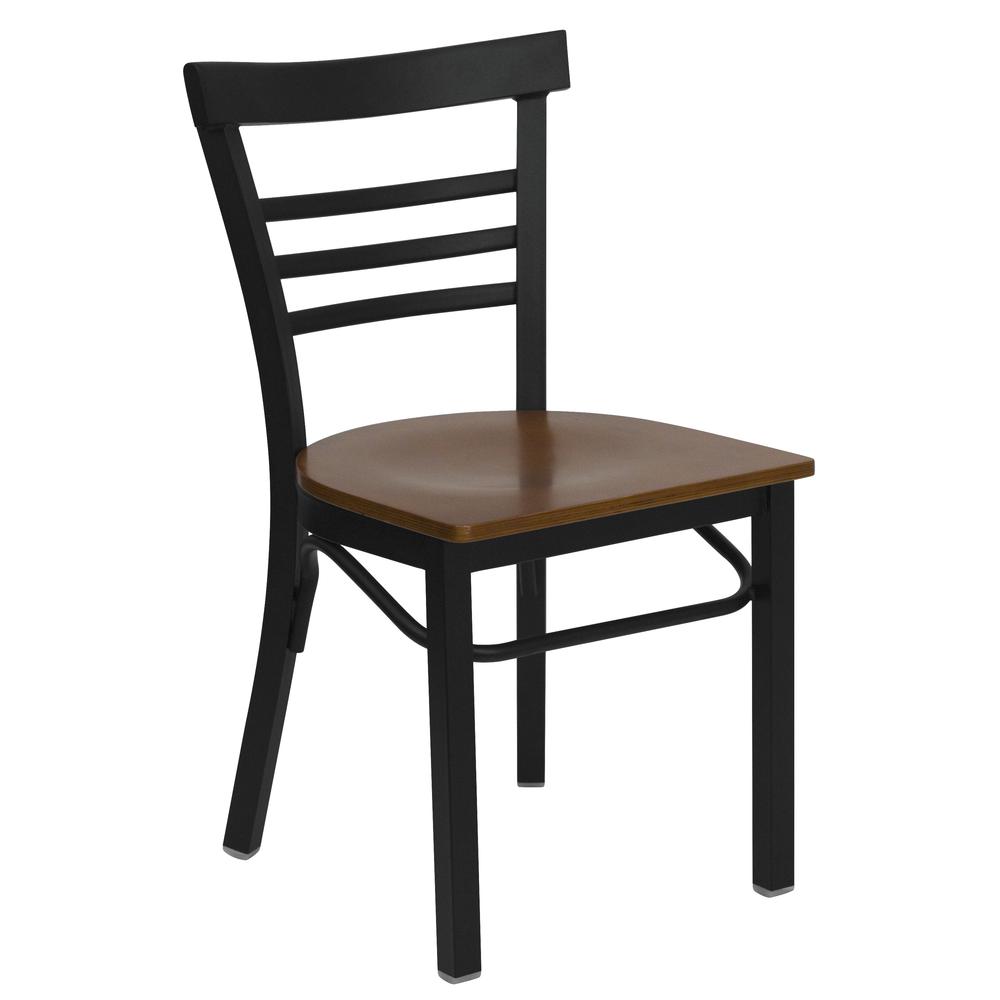 Black Three-Slat Ladder Back Metal Restaurant Chair - Cherry Wood Seat. Picture 1