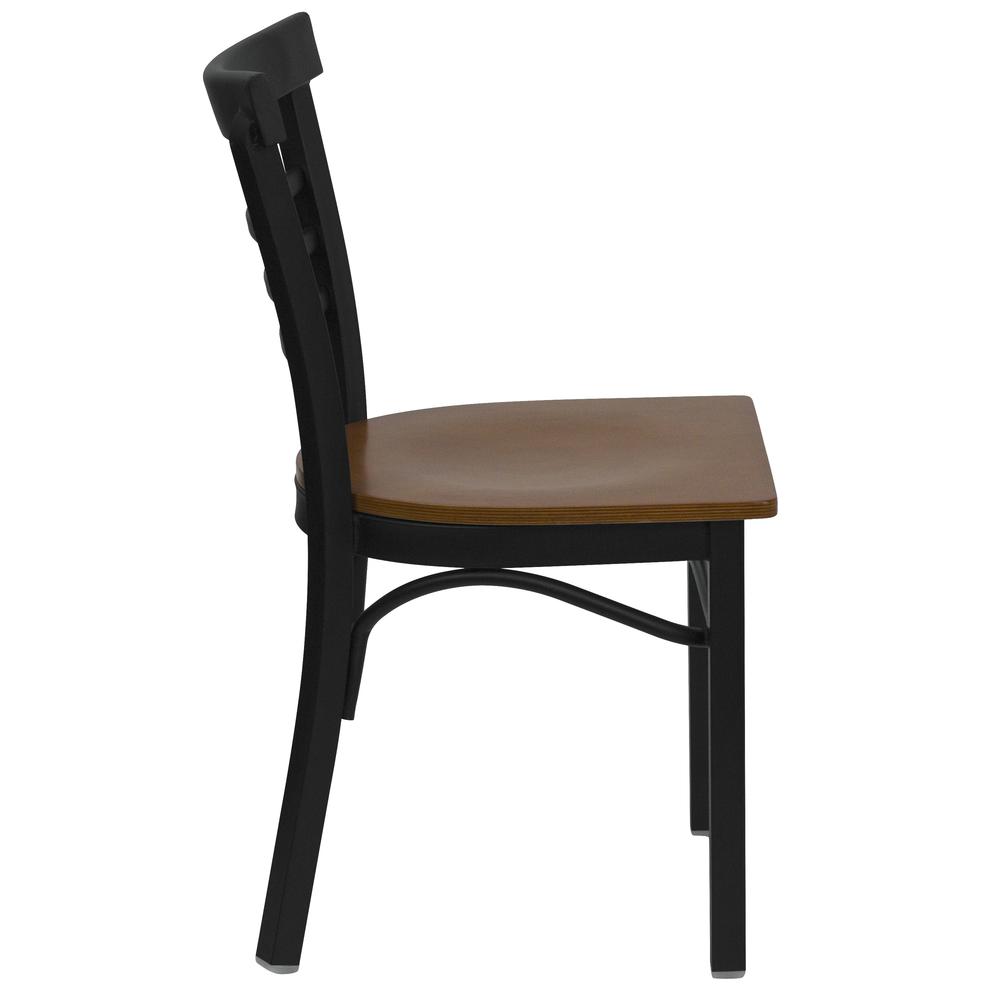 Black Three-Slat Ladder Back Metal Restaurant Chair - Cherry Wood Seat. Picture 2