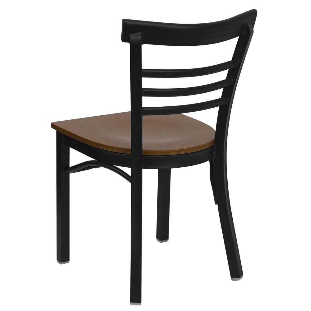 Black Three-Slat Ladder Back Metal Restaurant Chair - Cherry Wood Seat. Picture 3