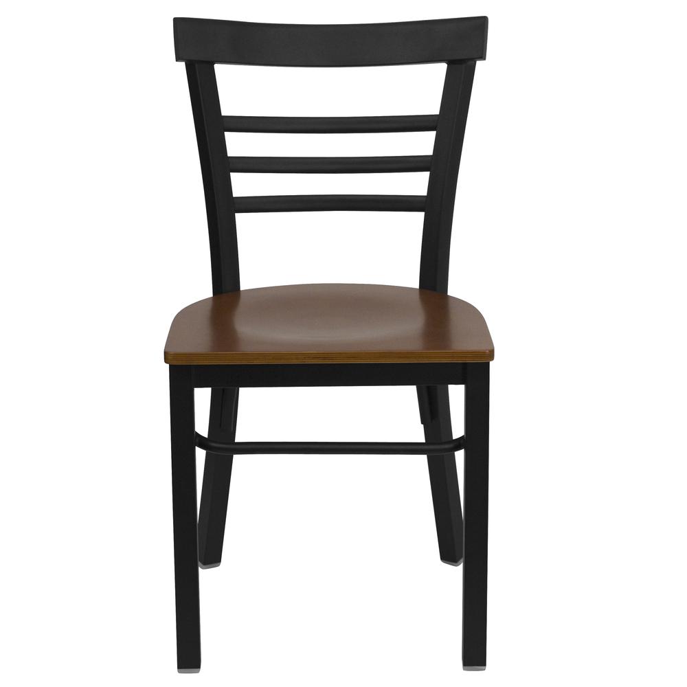 Black Three-Slat Ladder Back Metal Restaurant Chair - Cherry Wood Seat. Picture 4