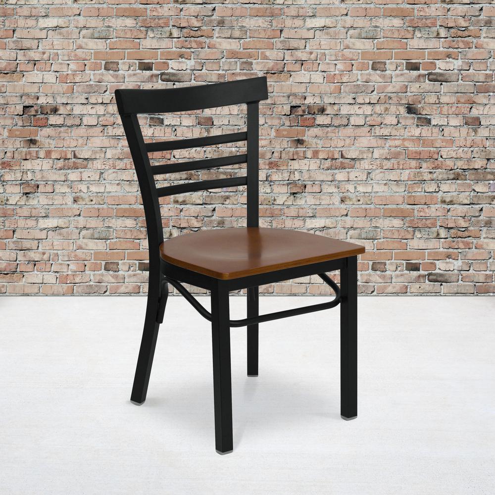 Black Three-Slat Ladder Back Metal Restaurant Chair - Cherry Wood Seat. Picture 5