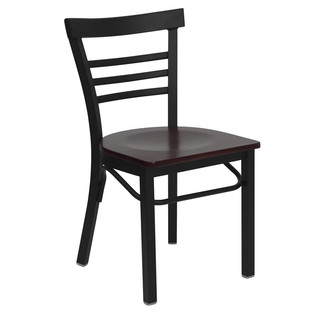 Black Three-Slat Ladder Back Metal Restaurant Chair - Mahogany Wood Seat. Picture 1