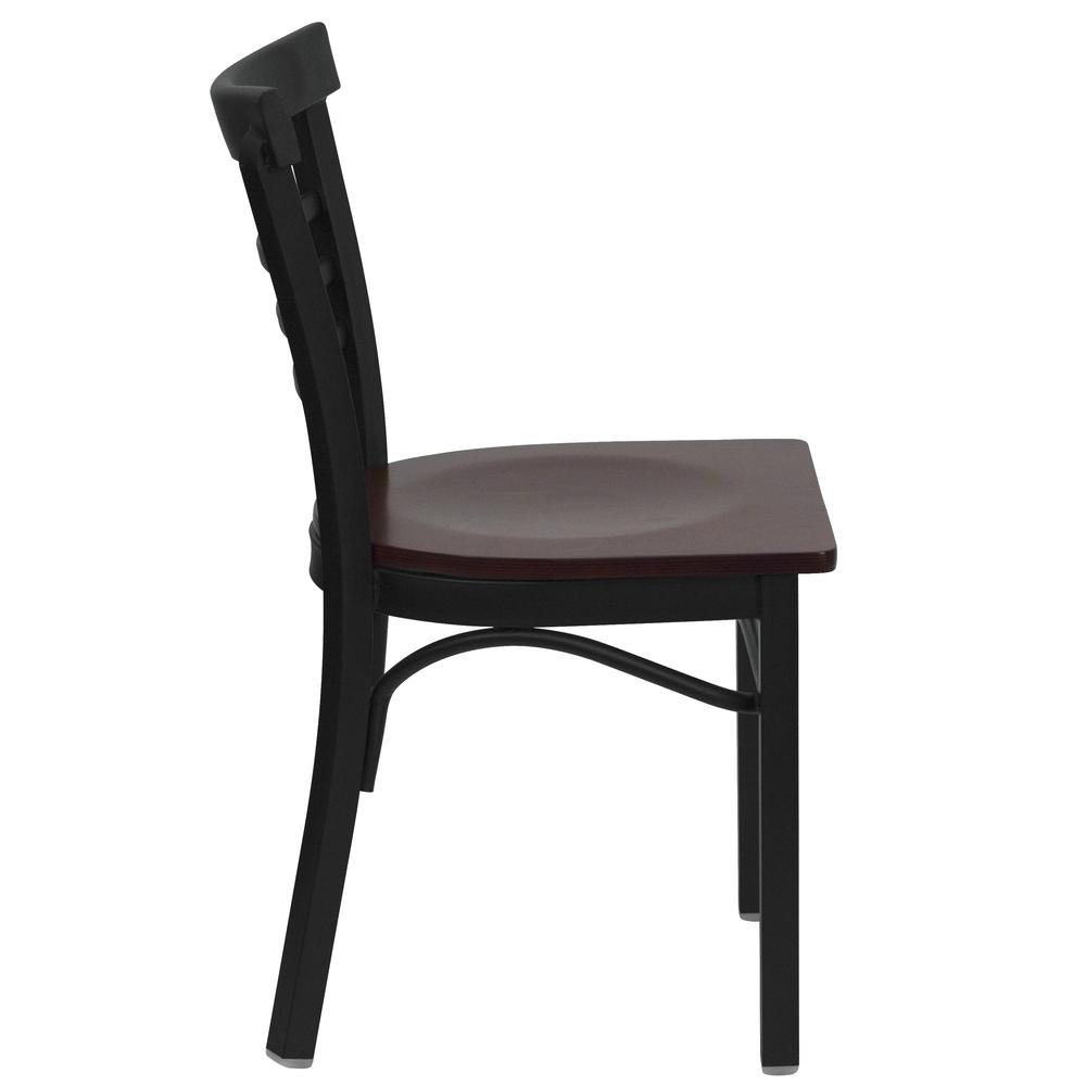 Black Three-Slat Ladder Back Metal Restaurant Chair - Mahogany Wood Seat. Picture 2